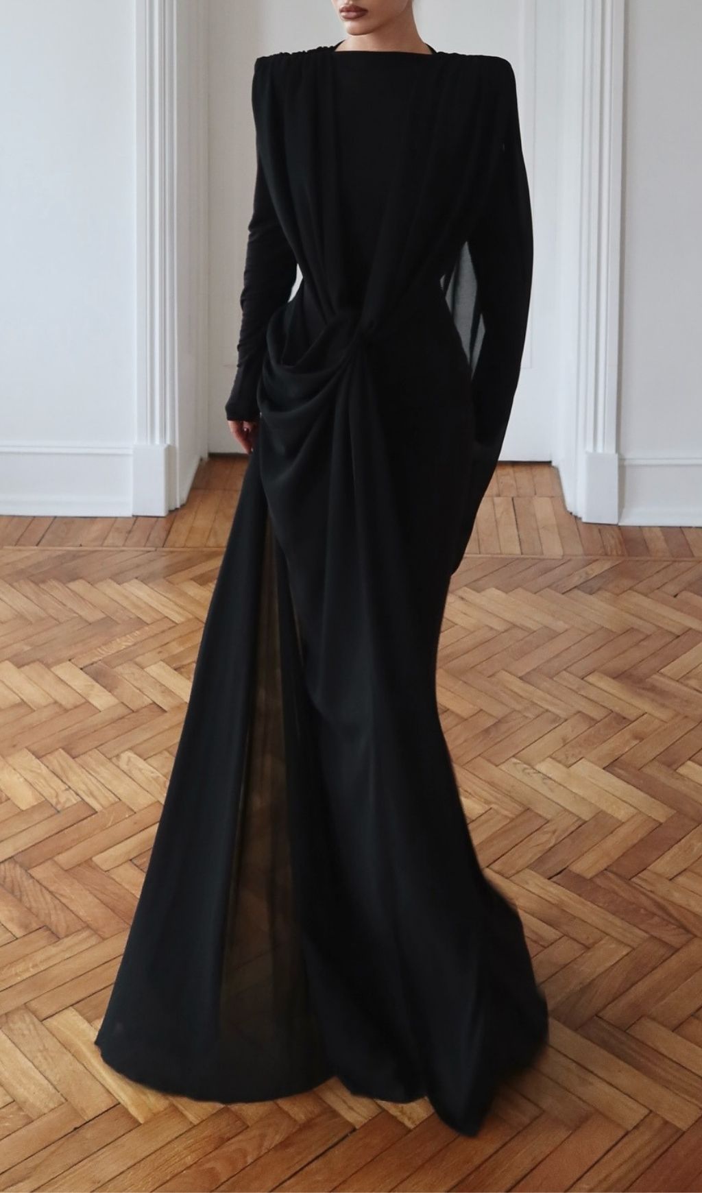 Launa Black Long Sleeve Ruched Maxi Dress for Evening - black, textured maxi dress by OWNCI