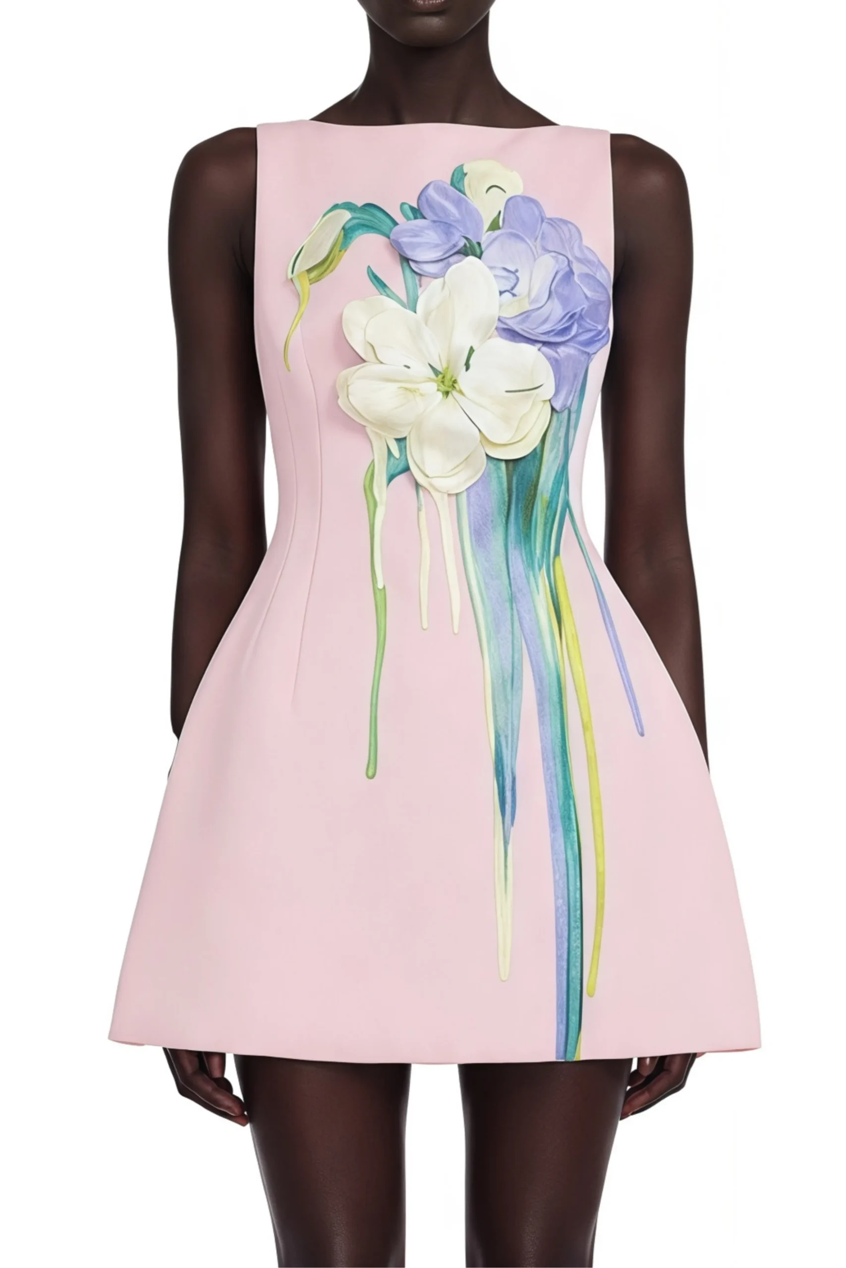 Pink Sleeveless Boat Neck 3D Floral Print A-Line Mini Dress