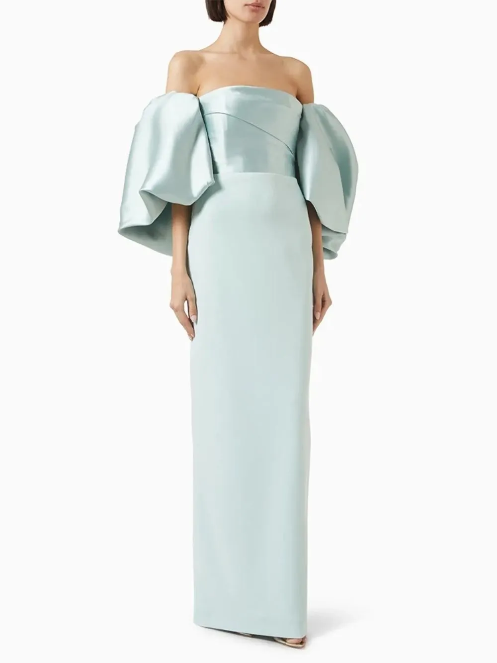 Malerie Satin Off-Shoulder Puff-Sleeve Maxi Dress