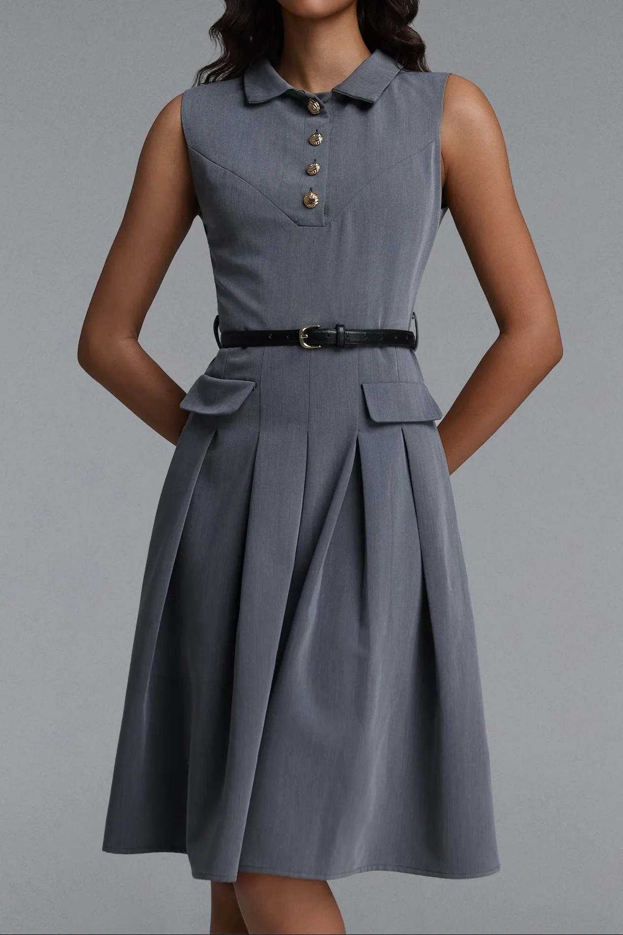 Collared Sleeveless Belted Pleated Midi Shirt Dress