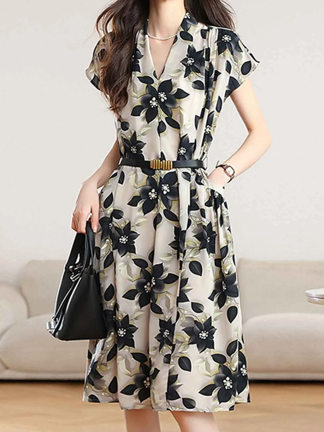 Michelle Loose V-neck Chiffon A-line Dress