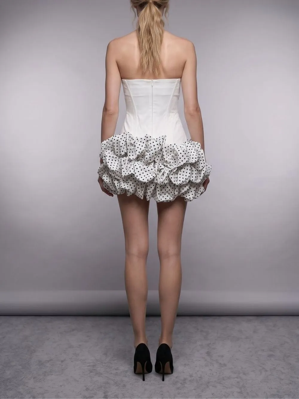 Maleni White Strapless Bustier Polka Dot Bubble Dress - OWNCI