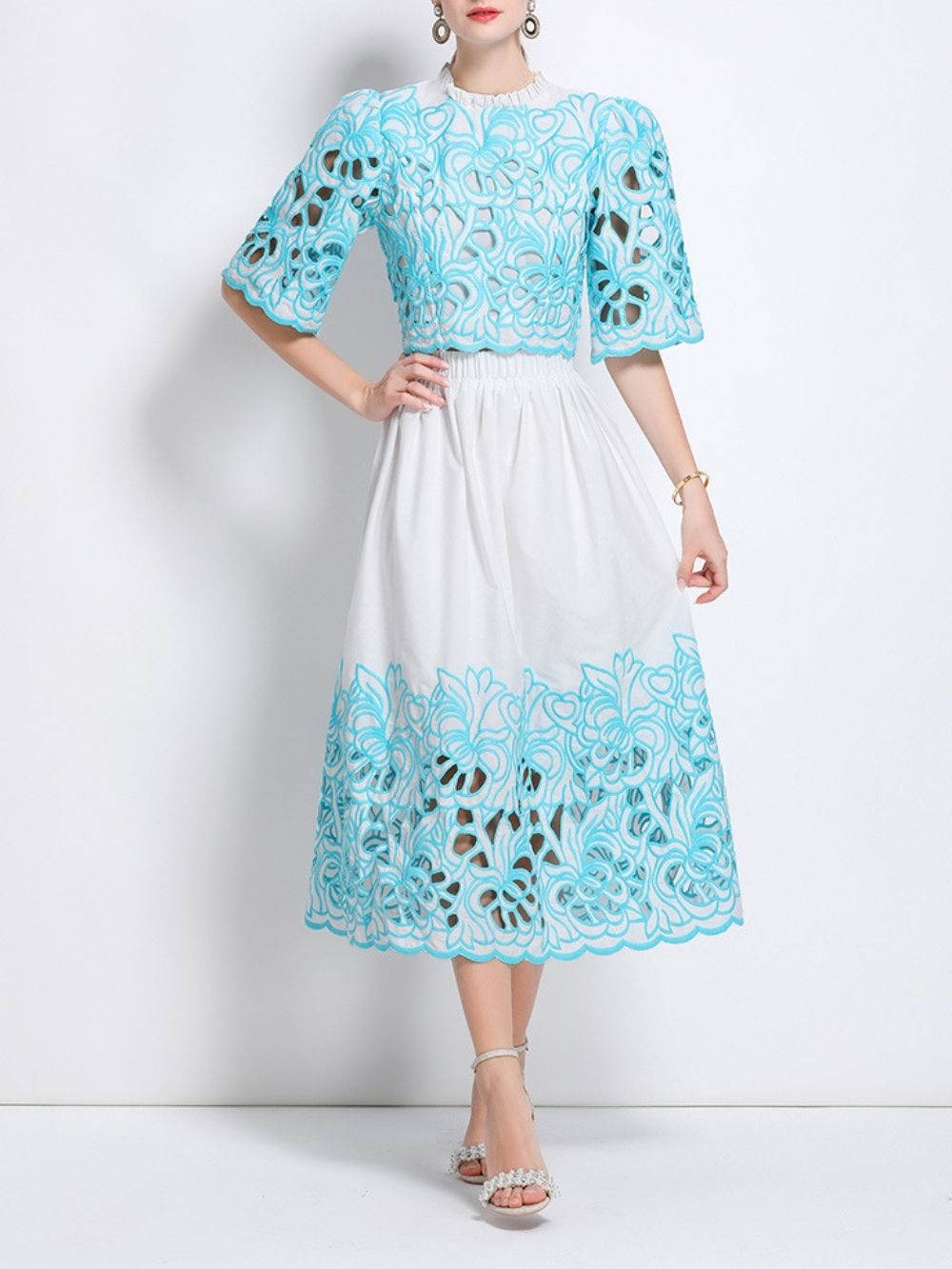 Mahira Blue Flower Embroidery Two-Piece Set - OWNCI Mahira Blue Flower Embroidery Two-Piece Set - OWNCI