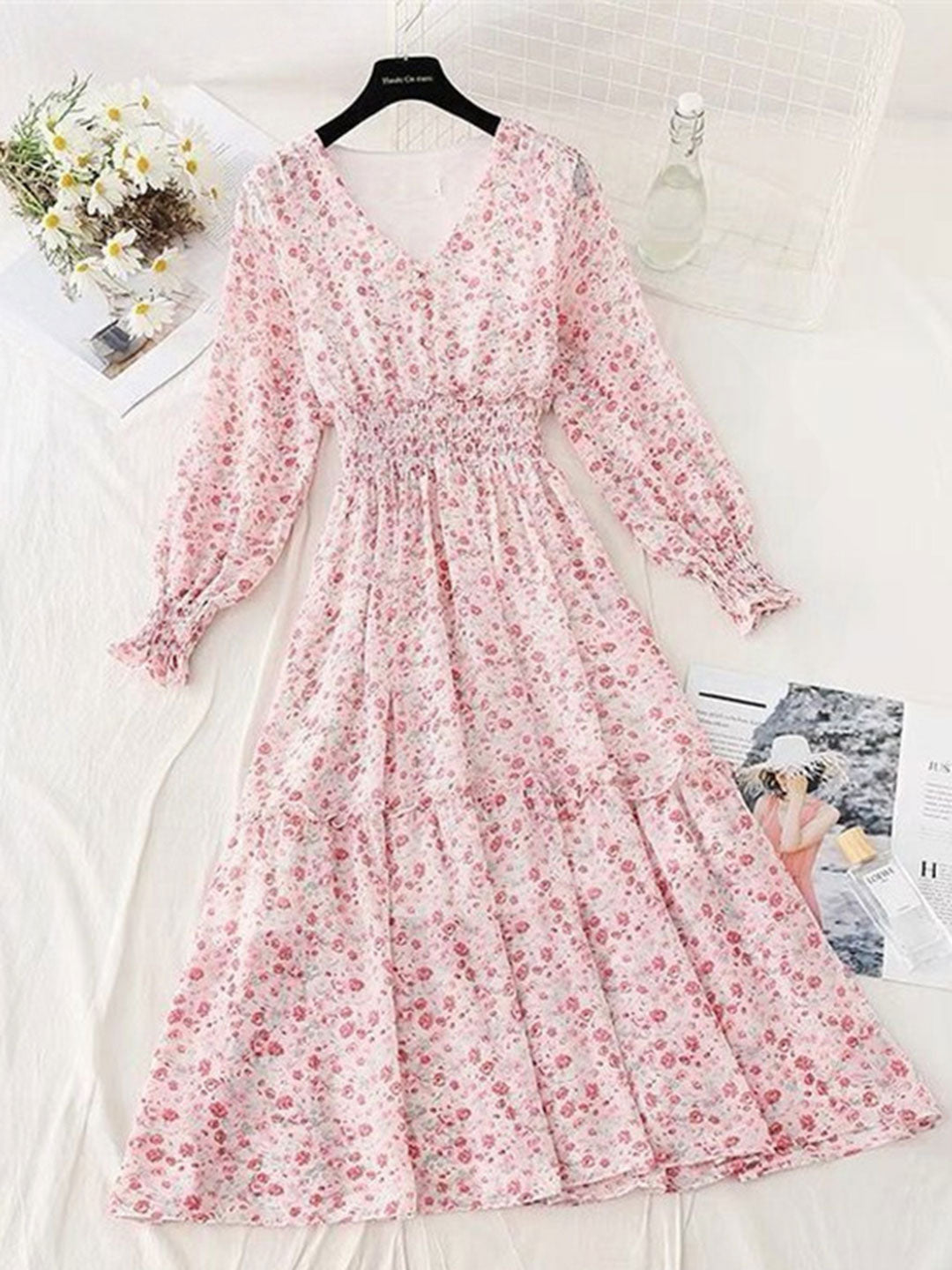 Janet Classic Floral Ruffle Chiffon Dress-Yellow - OWNCI