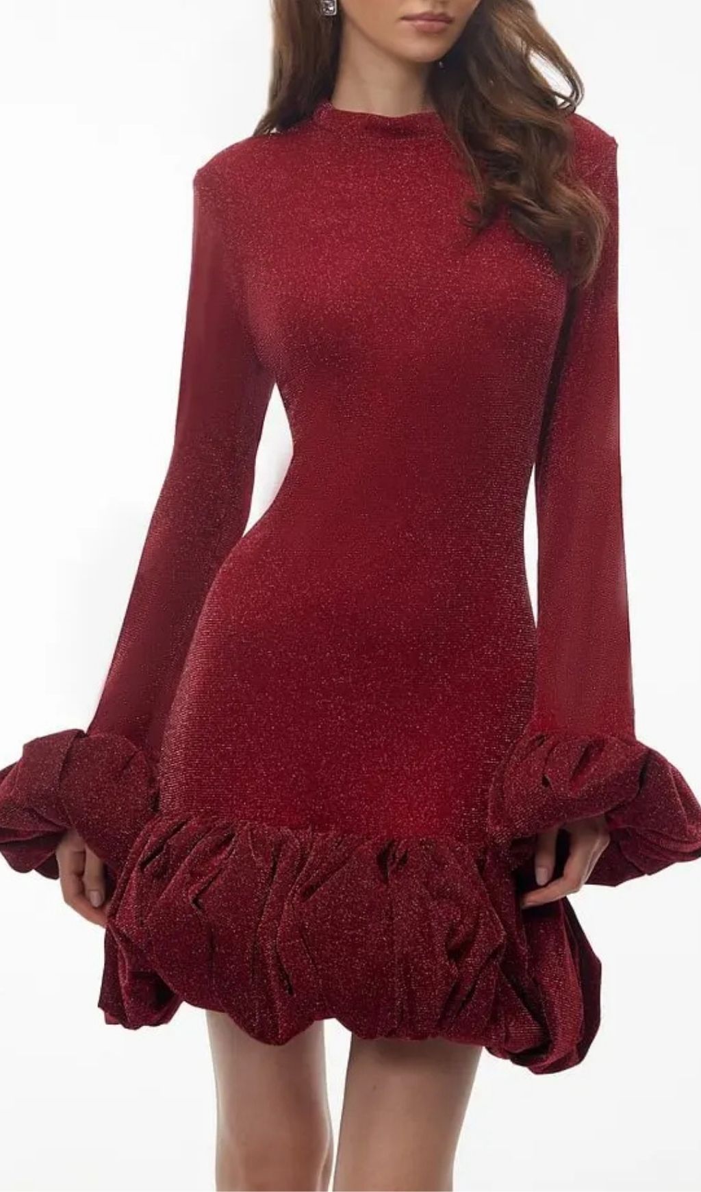 dd3129e5cb848fc9d5d3855272ca3ff1 Tabitha Long Sleeve Midi Dress With Ruffled Trim - Burgundy