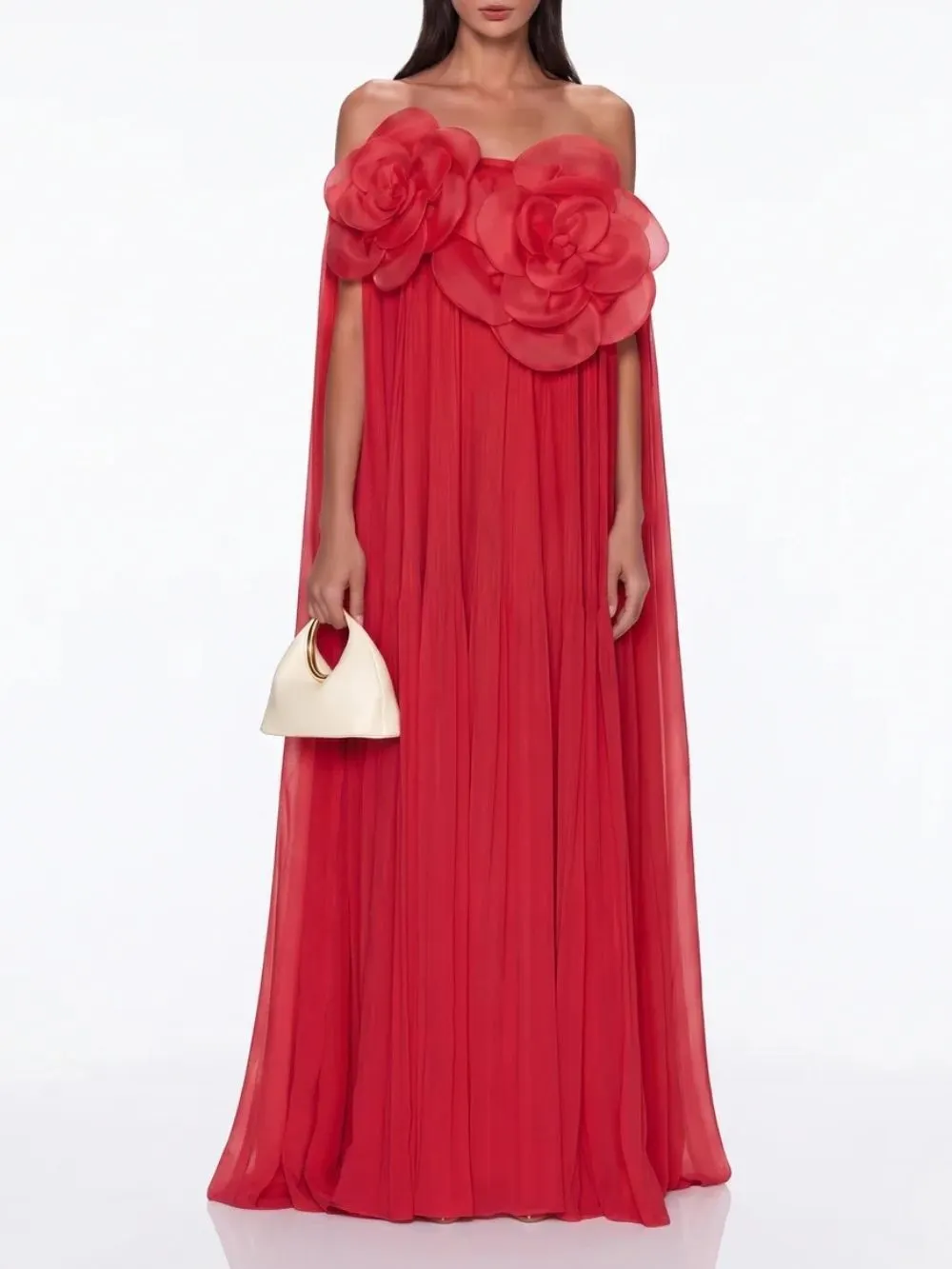 Fashionslee Women Grythalen Off Shoulder Flower Pleated Maxi Dress In Red