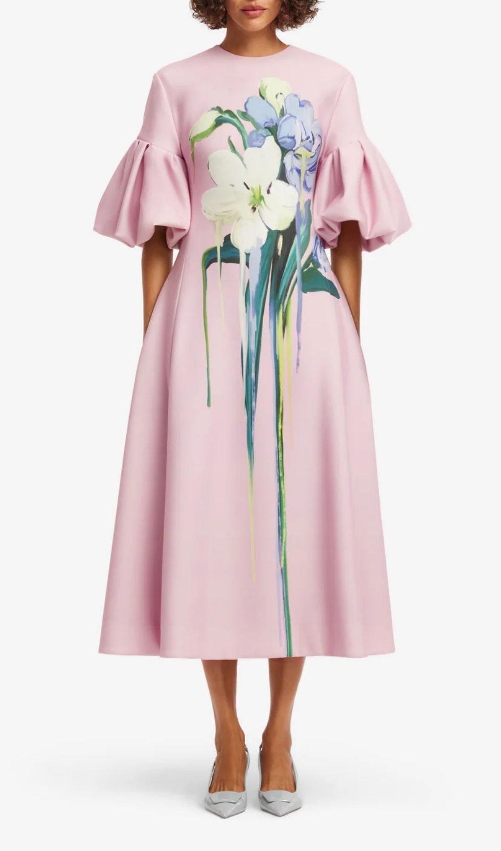 Fashionslee Women Madalina Pink Flower Puff Sleeve Midi Dress