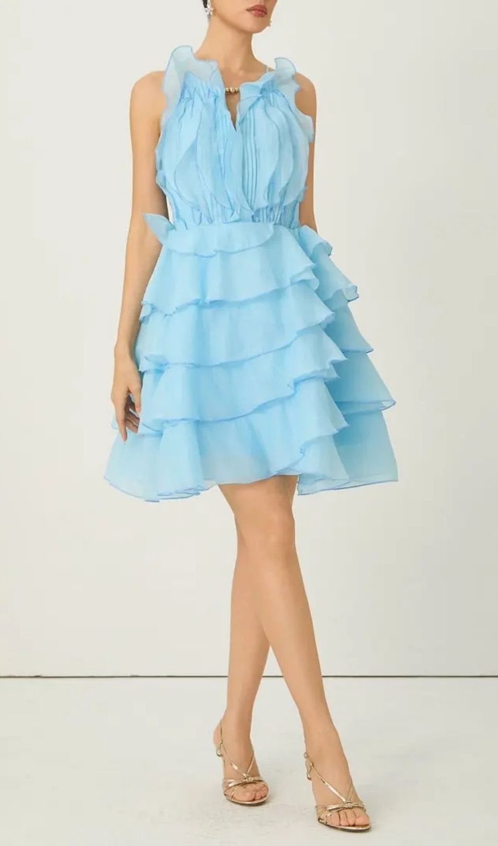 Juliet Blue Pleated Bodice Tiered Ruffle Mini Dress