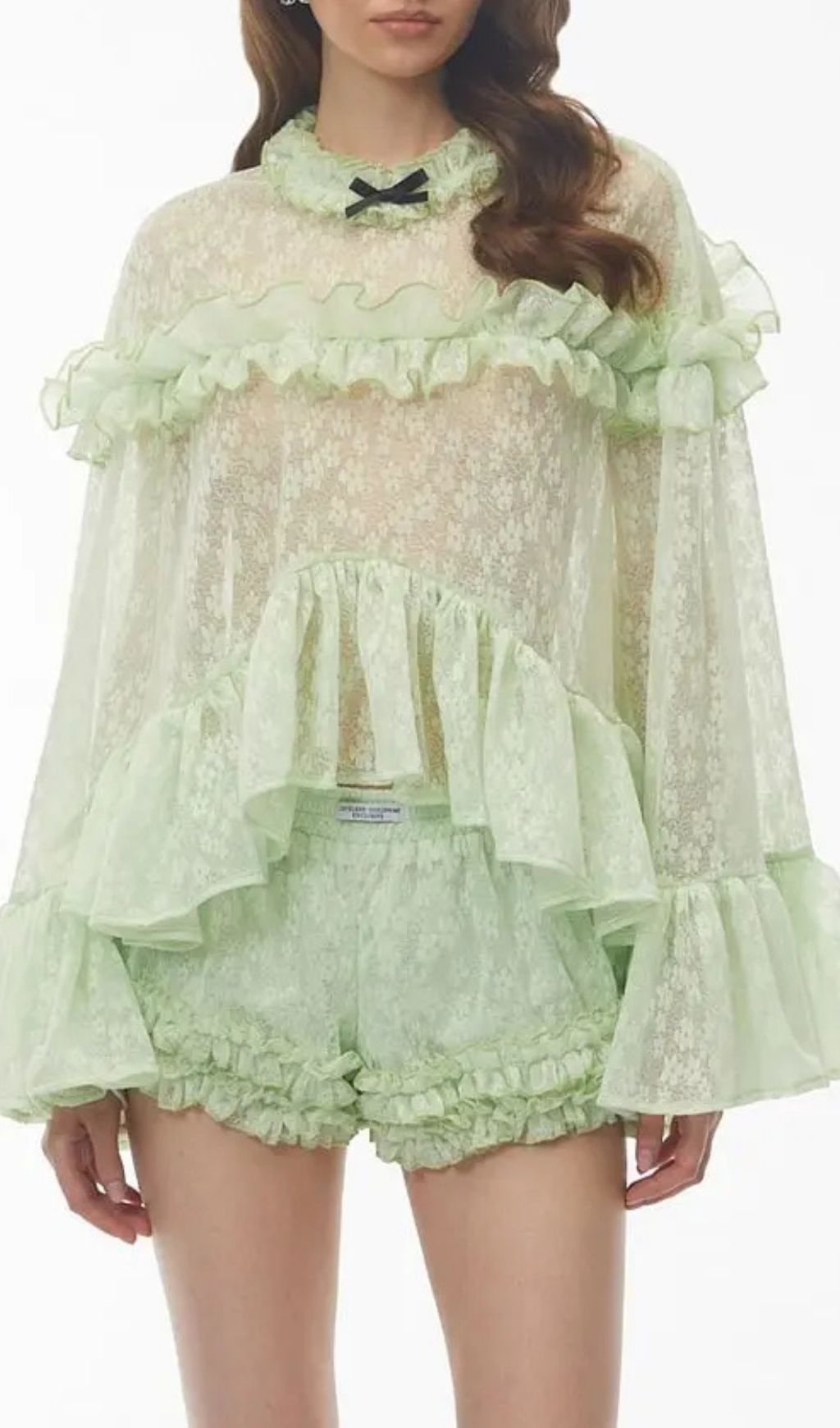de2dcc98e854d5a5932d7be9c06ffddd Vanessa Mint Green Floral Lace Ruffled Top & Shorts Set