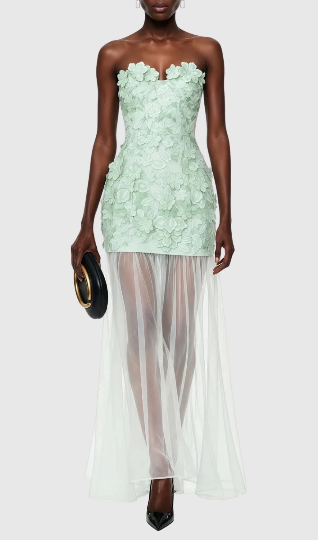Pansya Floral Embroidery Strapless Maxi Dress - Mint