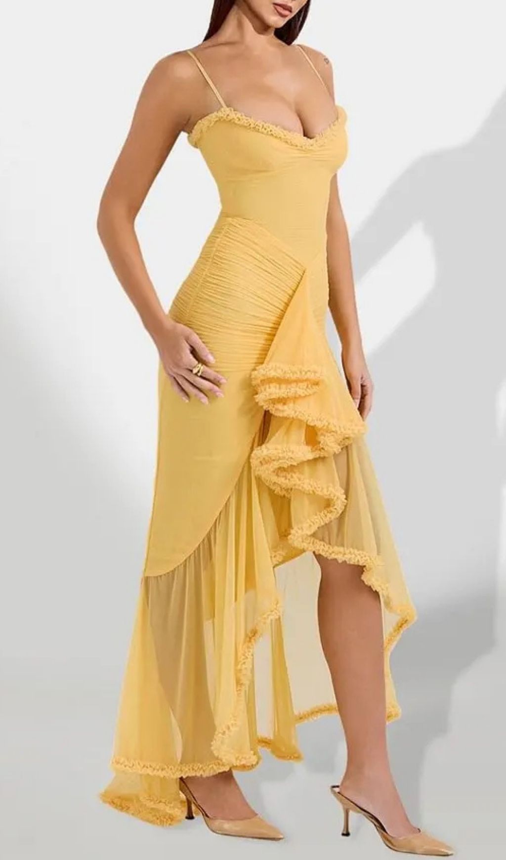 de3e435c7e9c9a72f569b6fdee0cdc4b Claire Yellow Irregular Ruffle Breathable Maxi Dress