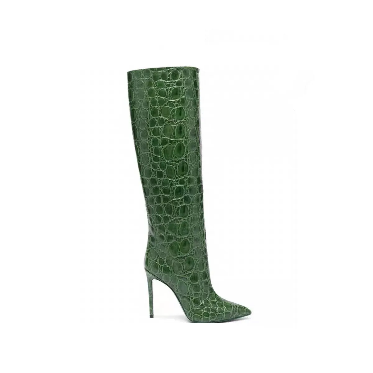 Snake-Print High-Heeled Pointed-Toe Straight-Leg Boots