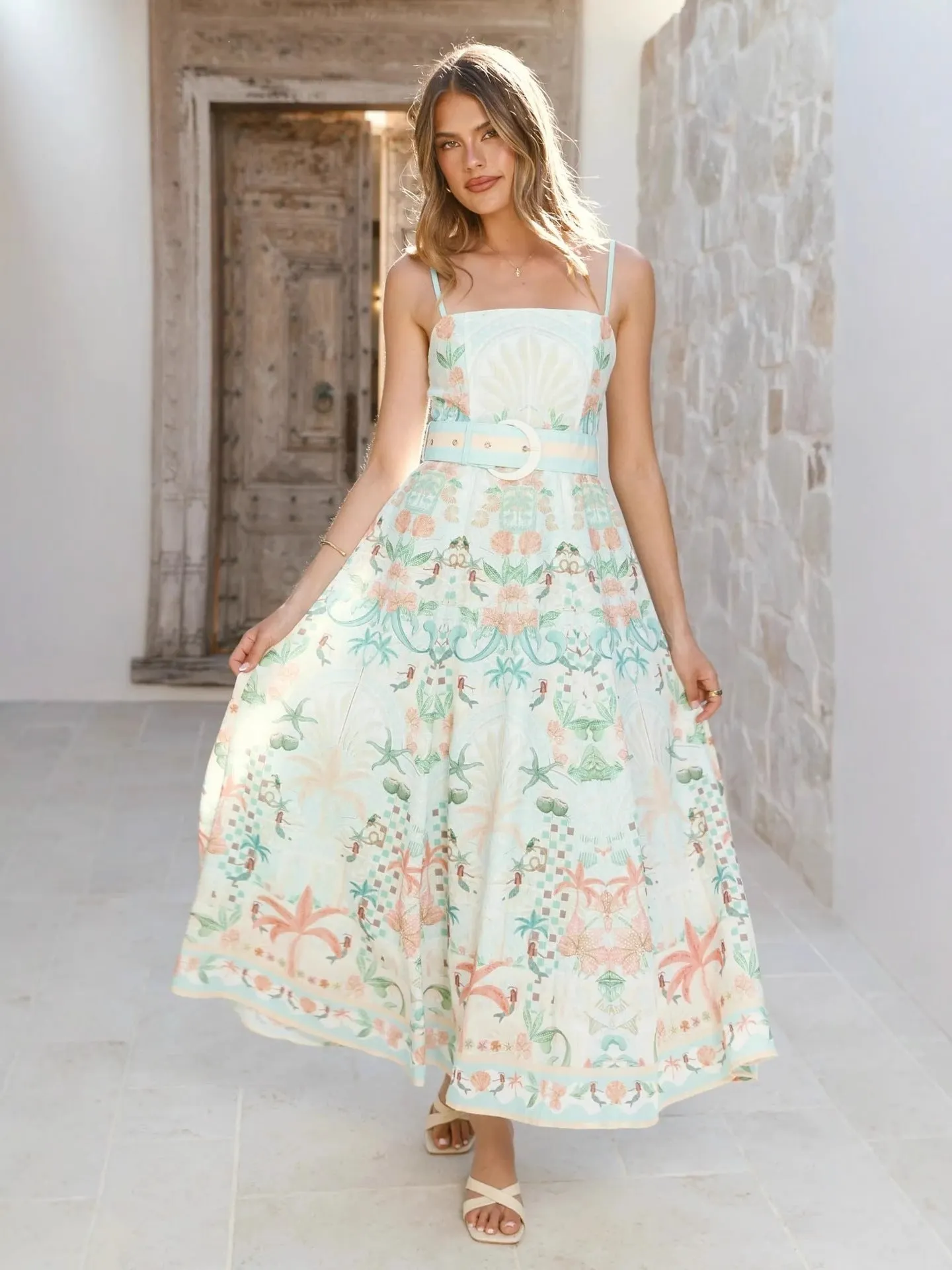 Green Large Swing Floral Linen Sleeveless Slip Dress