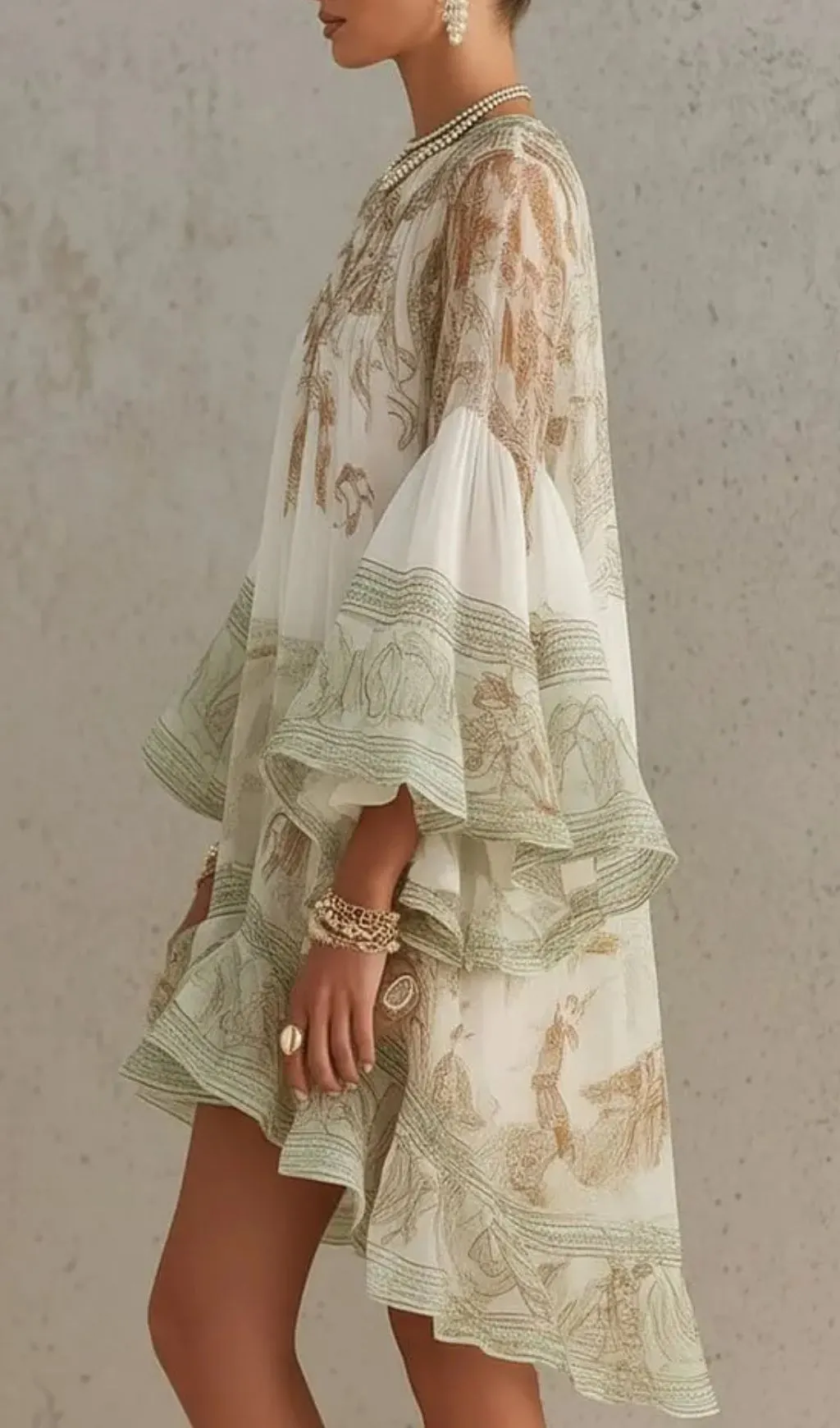 Green Print Ruffle Hem Flounce Sleeve Chiffon Mini Dress