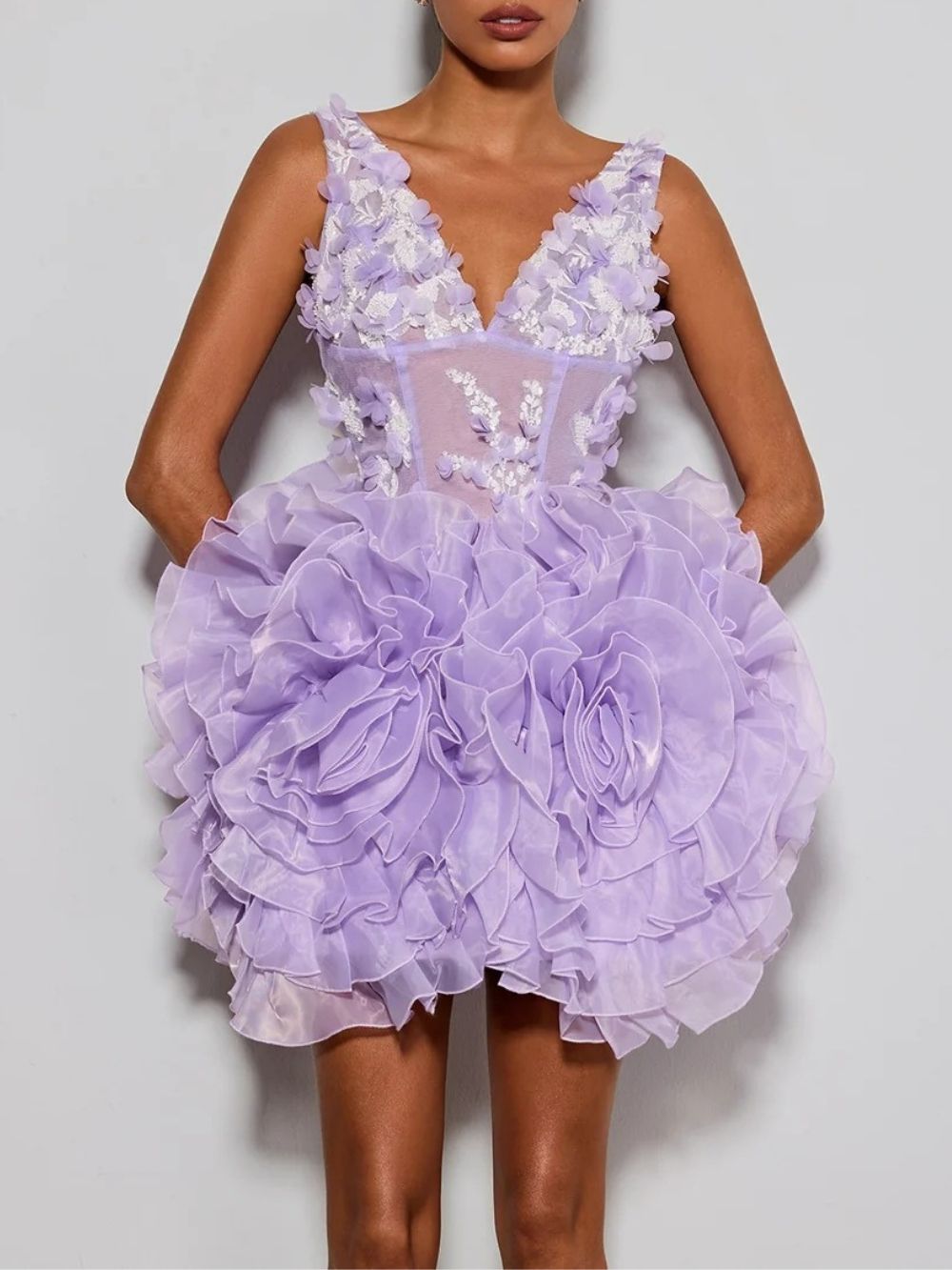 Ervin Purple V Neck Flower Mini Dress