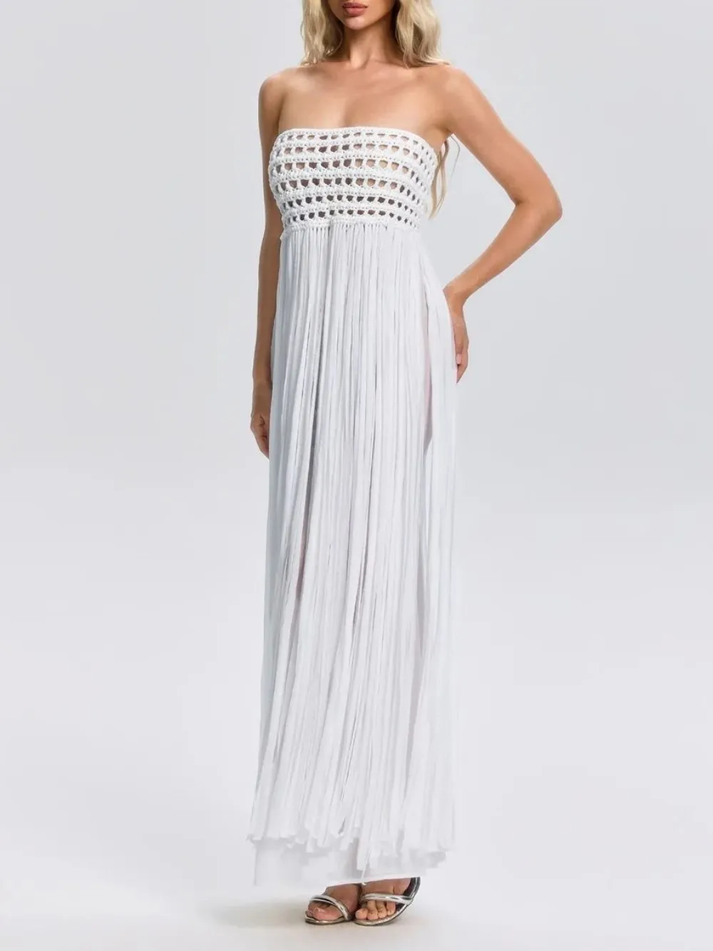 deeed93c7709f4c8beed584ccee0ad56 Faysal Strapless Crochet Fringe Maxi Dress