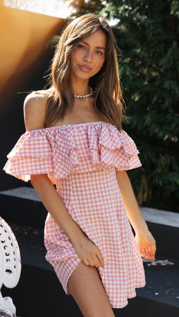 Off Shoulder Ruffle Plaid Mini Dress - Pink