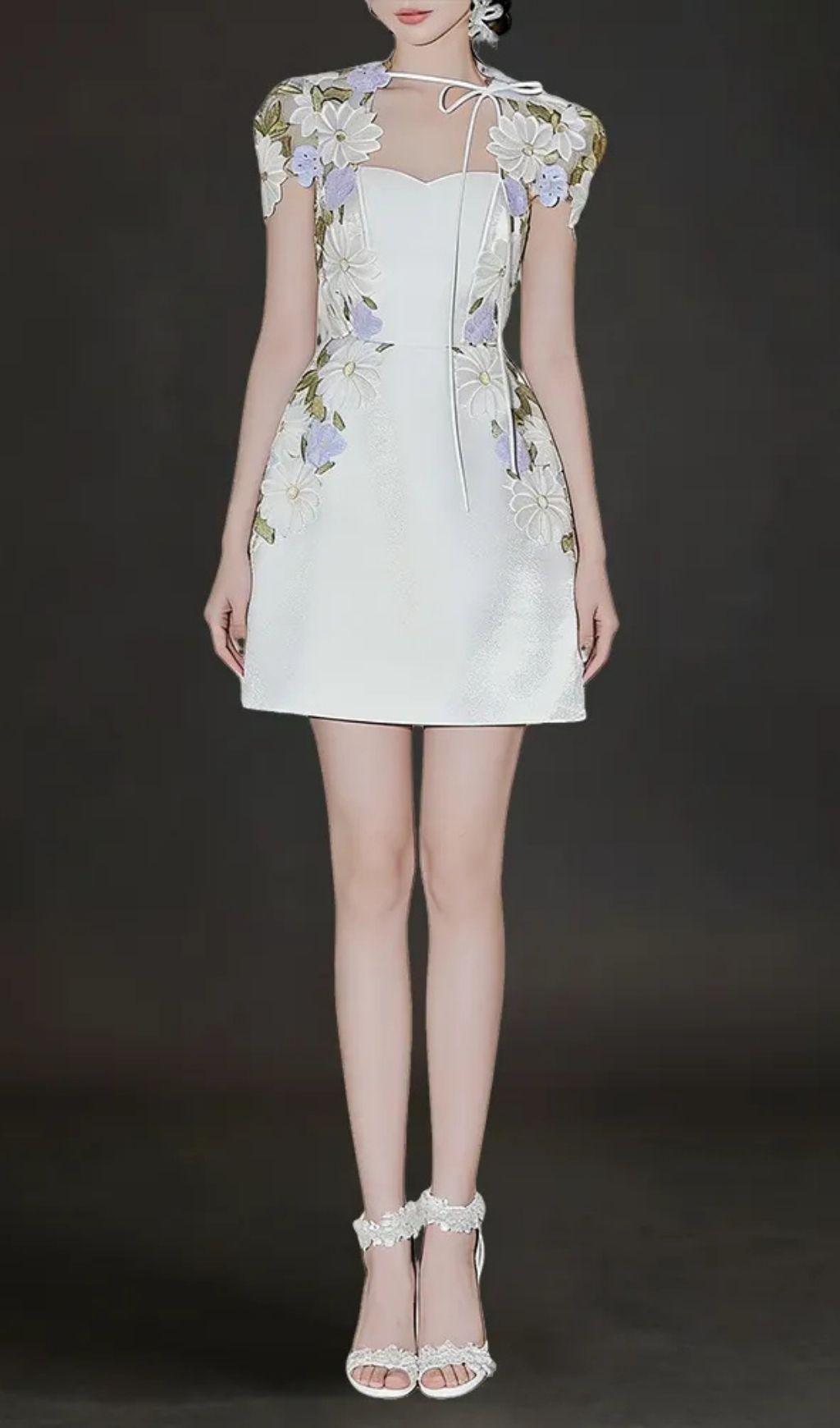 White Floral Embroidered Mini Dress With Sheer Cap Sleeve Bolero