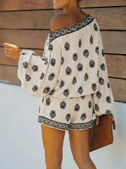 Baroque Print Off-Shoulder Lantern Sleeve Shorts Jumpsuit - OWNCI