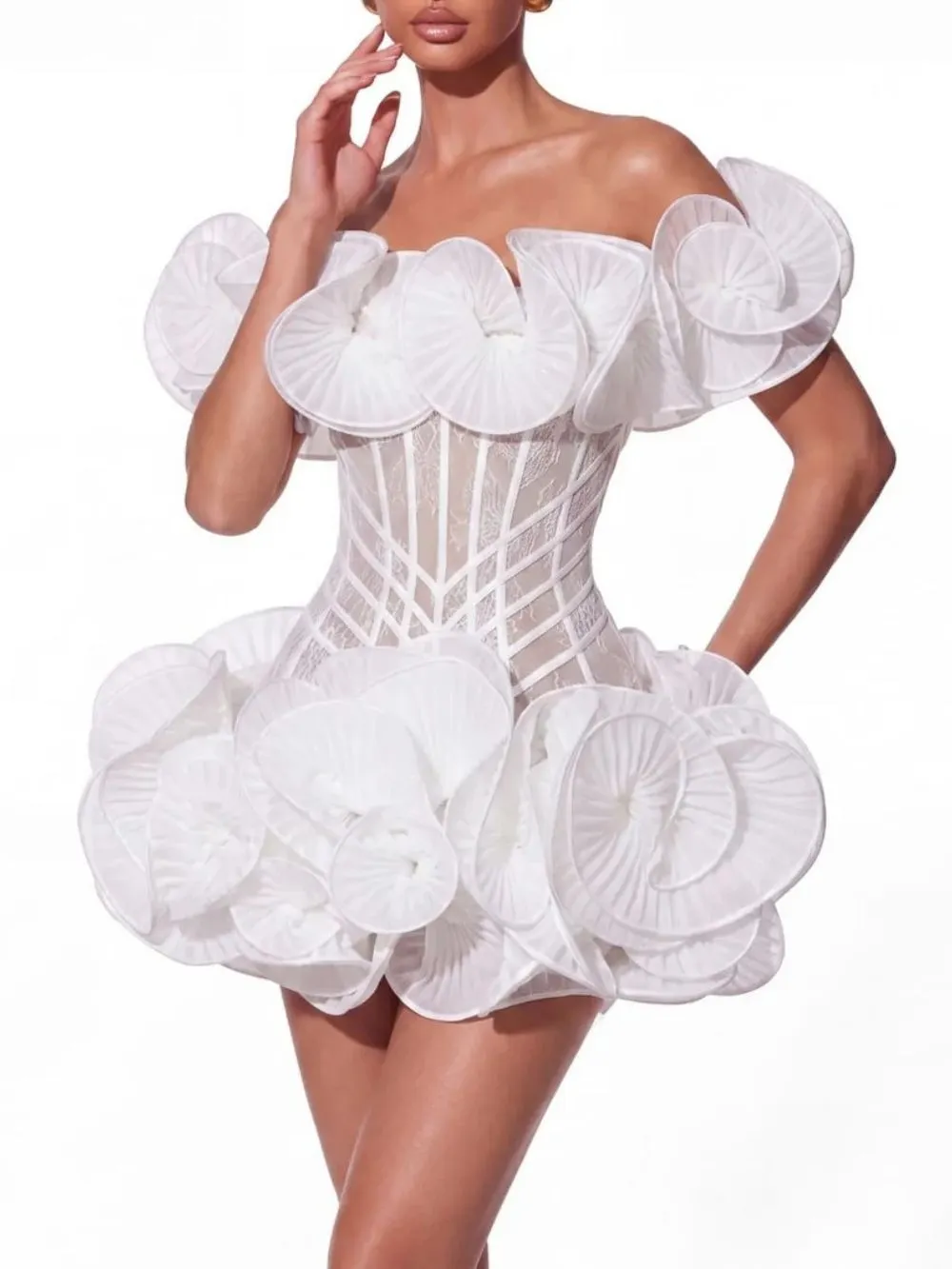 Fashionslee Women Auronis Off Shoulder Lace Flower Mini Dress