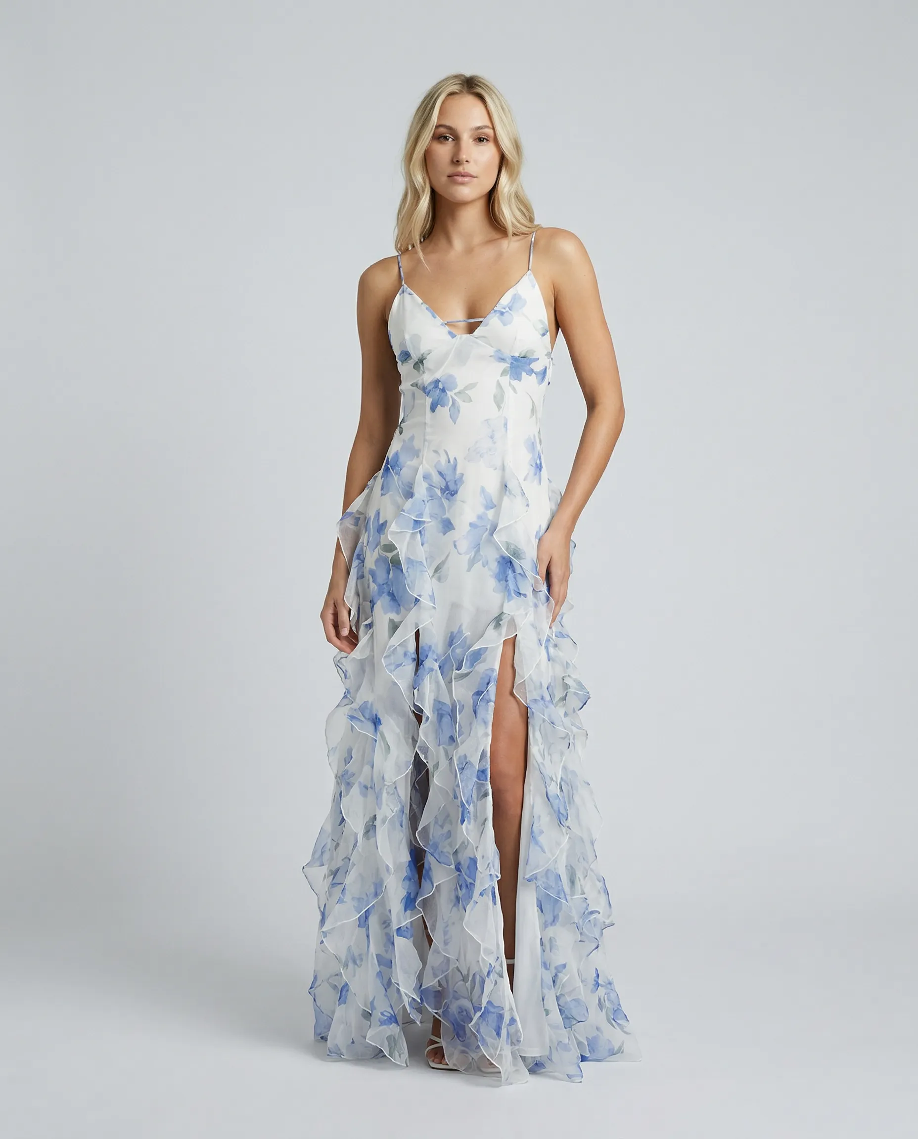df97faec43492aae38b2432f31e41021 Floral Print Ruffle High Slit Maxi Dress - Red