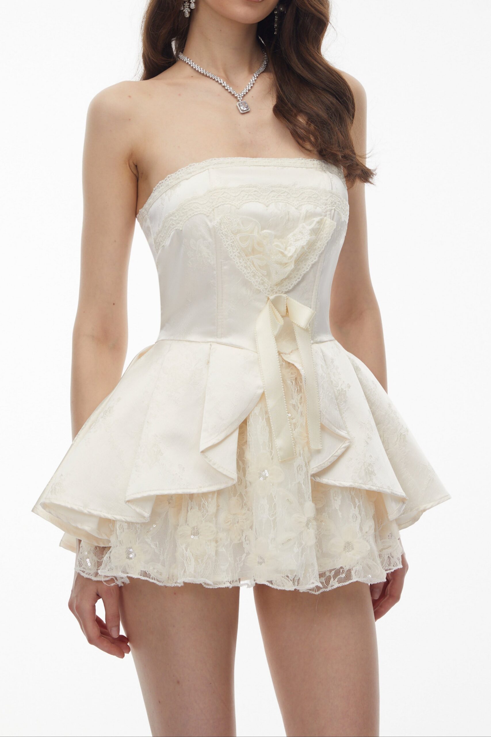 Strapless Lace Trim Corset Peplum Skort Romper