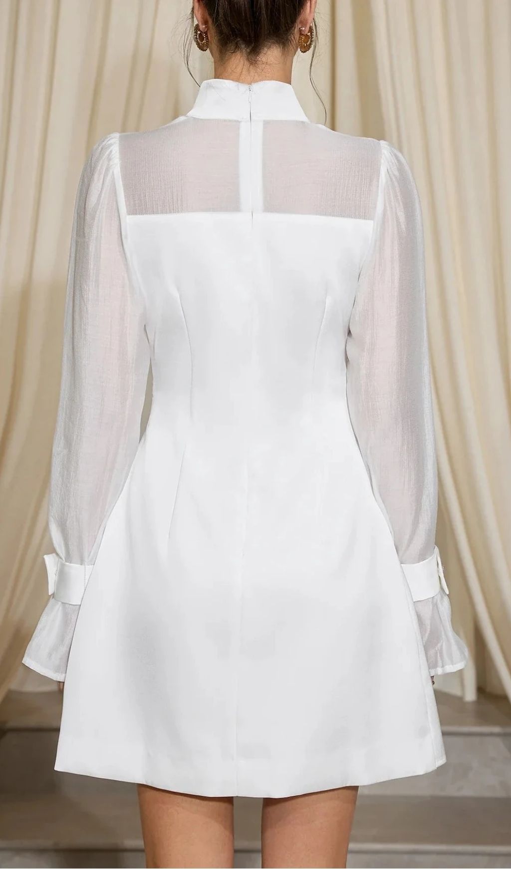 e0359874c4bee22fcc37157fdc1851b3 Sabrina High Neck Mesh Patchwork Mini Dress In White