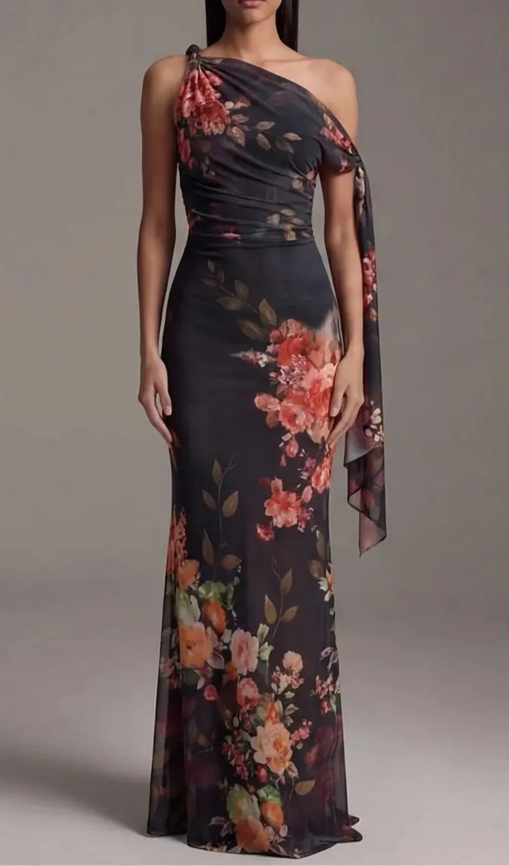 Fashionslee Women Black One-Shoulder Printed Pleated Chiffon Maxi Dress