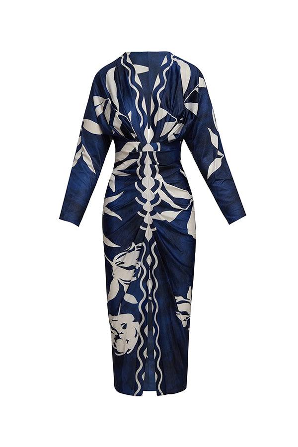 Unique Print Dolman Long Sleeve Ruched Slit Midi Dress - OWNCI Unique Print Dolman Long Sleeve Ruched Slit Midi Dress - OWNCI