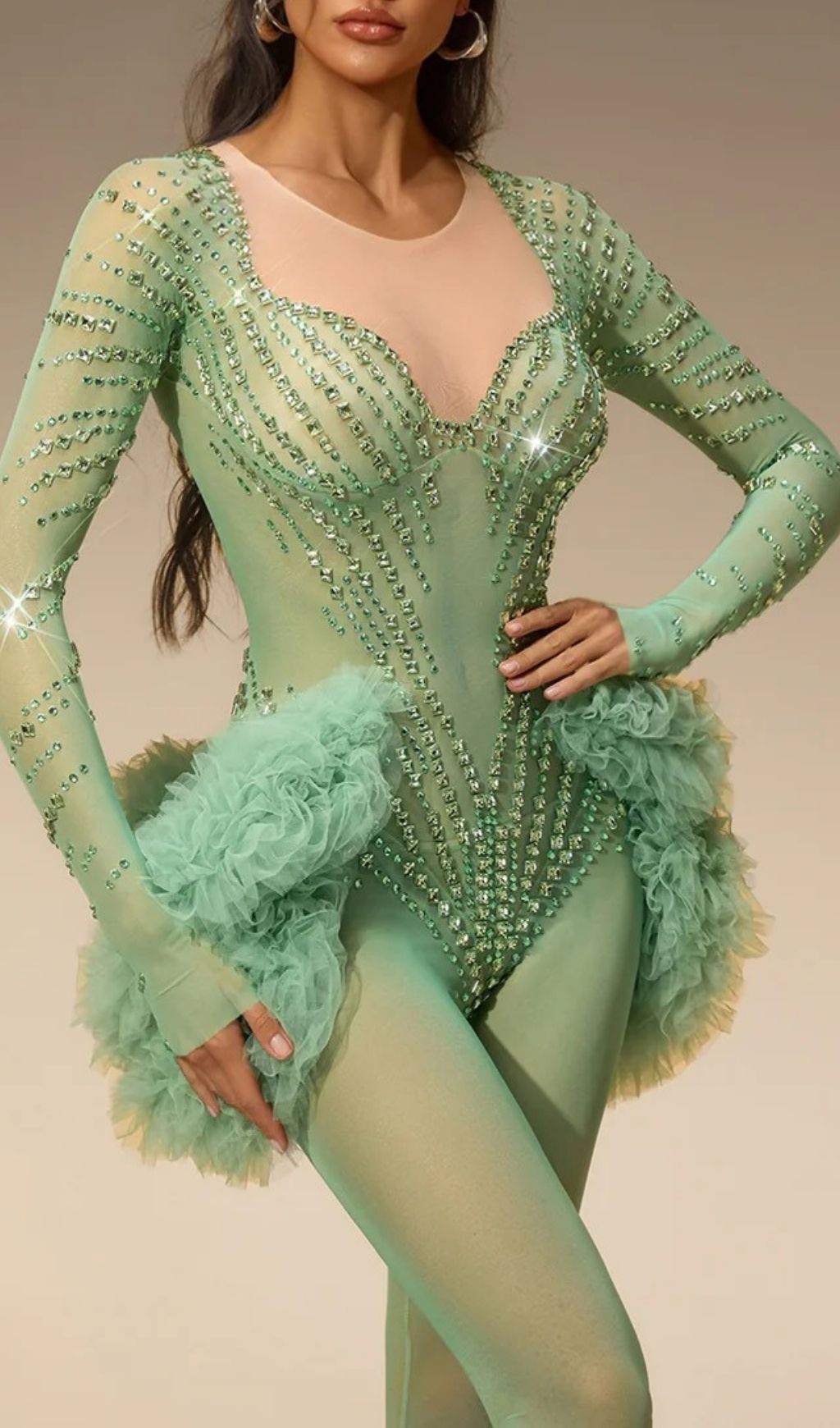 Fashionslee Women Zireth Long Sleeve Crystal Mesh Jumpsuit