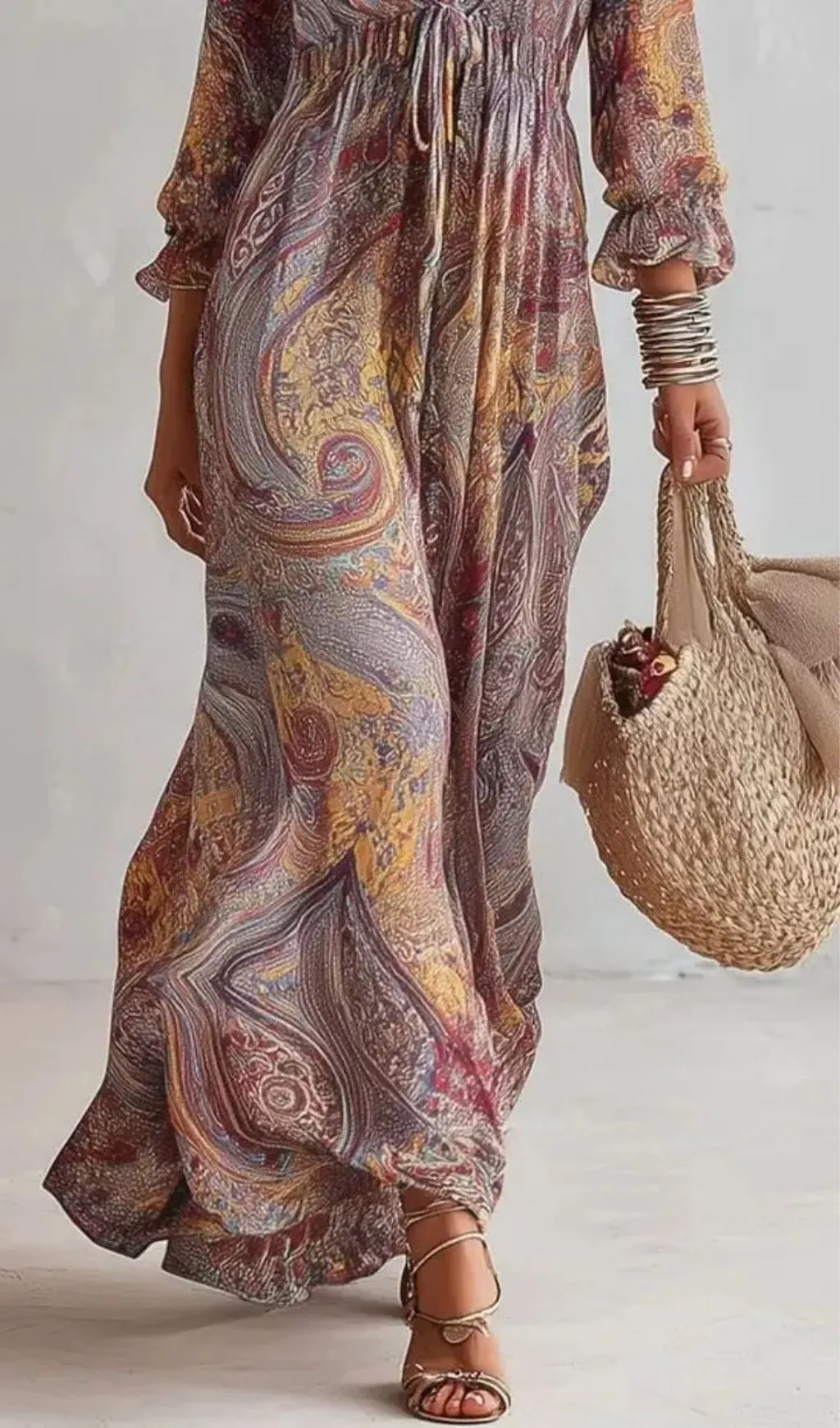 e144f8516f187fcd83270670ff42b1e0.webp Fashionslee Women Paisley Print V-neck Gathered Chiffon Maxi Dress