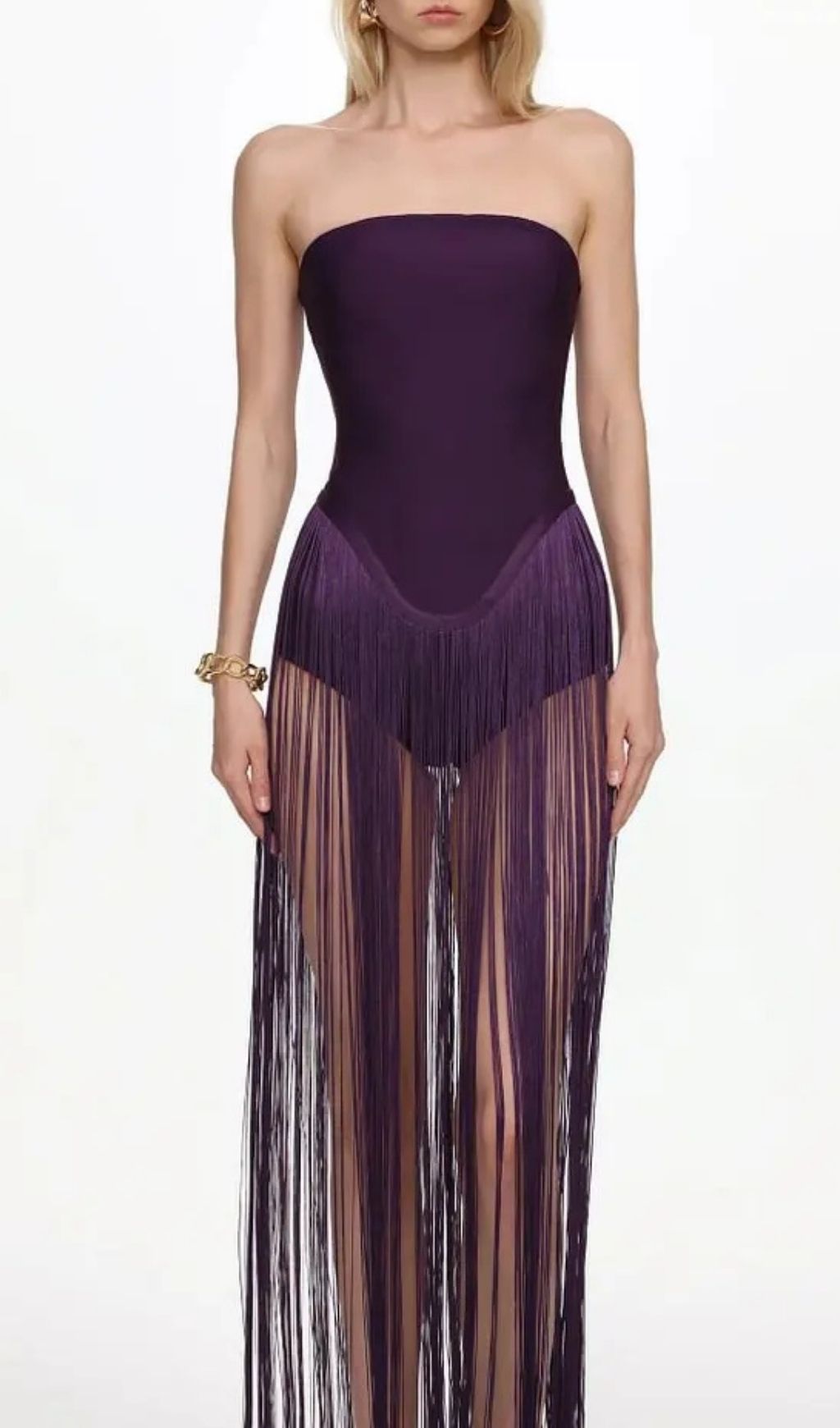 Helen Bodysuit Fringe Strapless Mini Dress In Purple