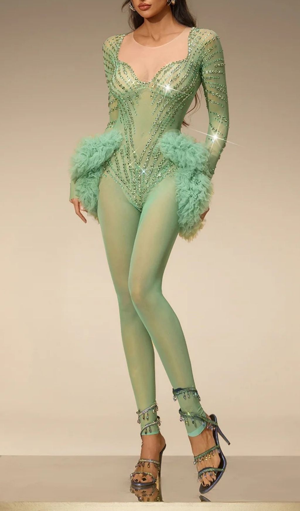 Fashionslee Women Zireth Long Sleeve Crystal Mesh Jumpsuit