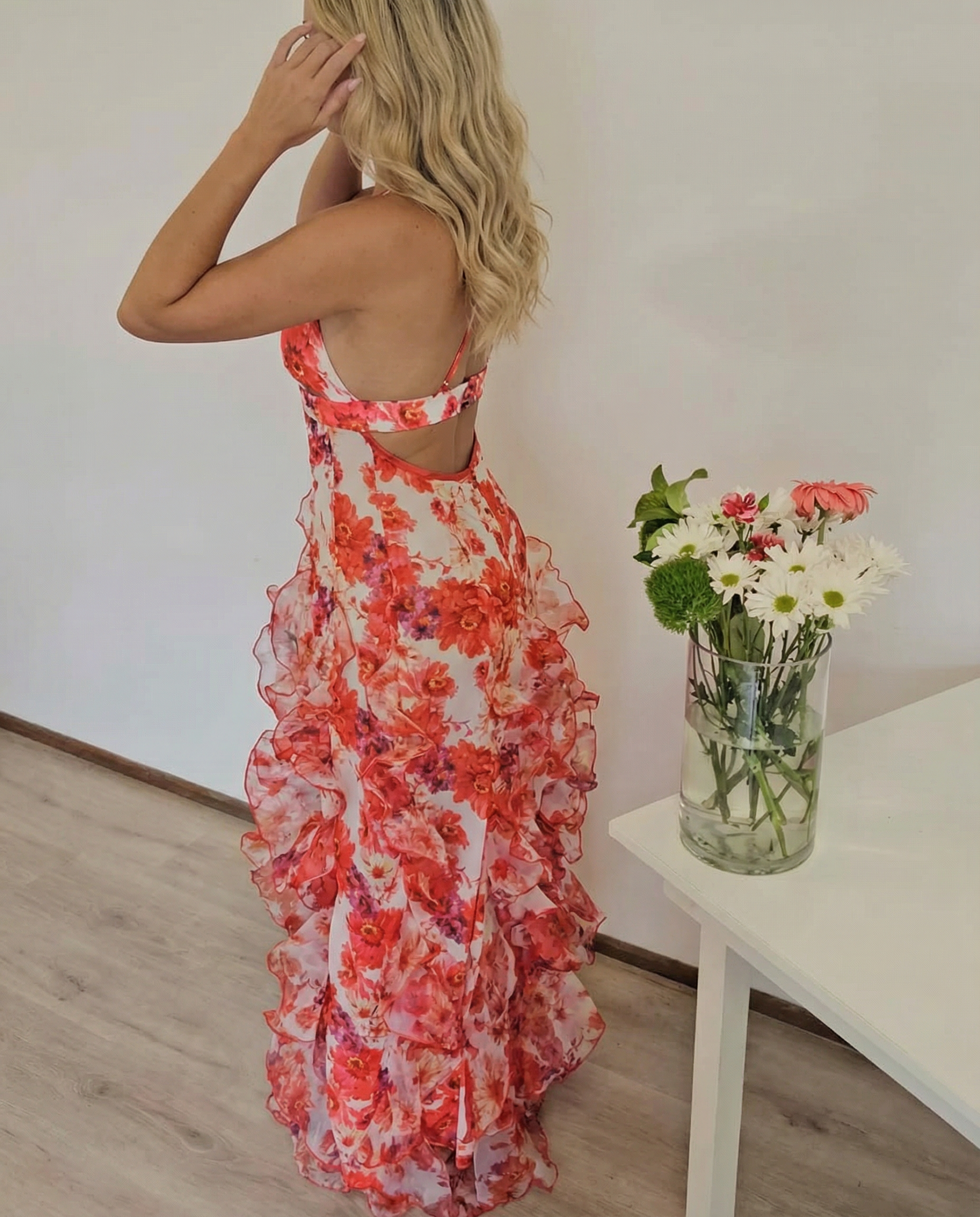 e1d89175b611285d29a3f97c6f8221e6 Floral Print Ruffle High Slit Maxi Dress - Red