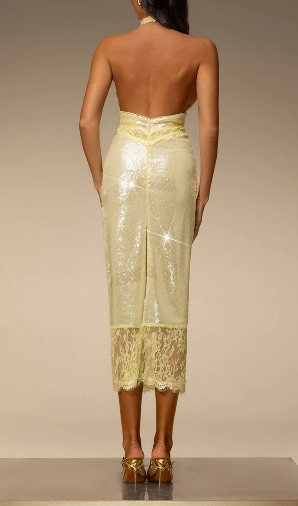 Fashionslee Women Virellon Halterneck Lace Sequin Midi Dress