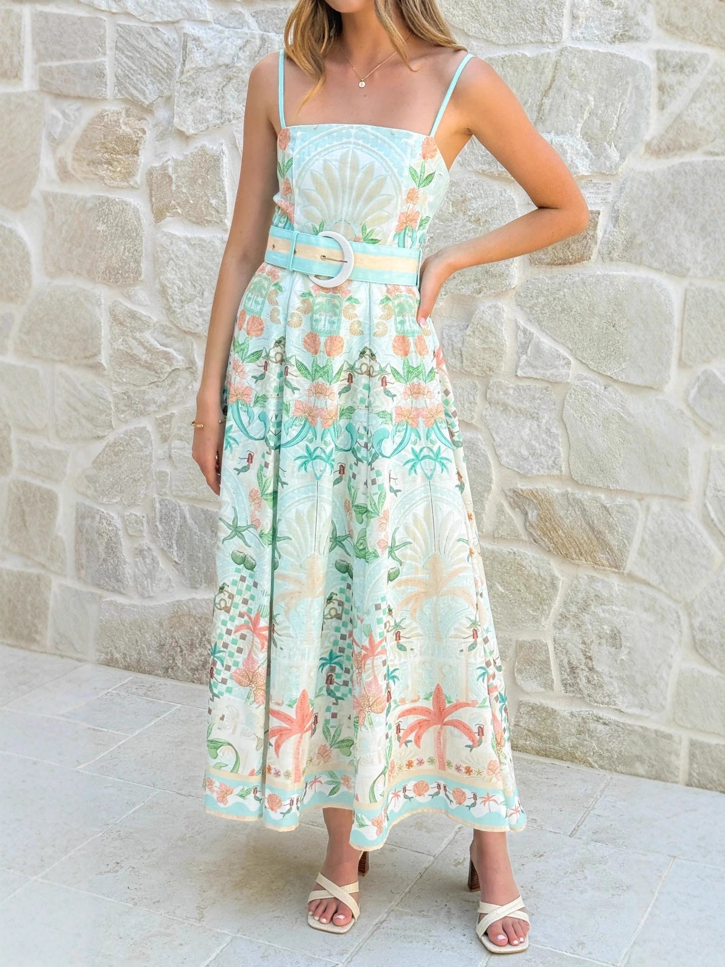 Green Large Swing Floral Linen Sleeveless Slip Dress - OWNCI