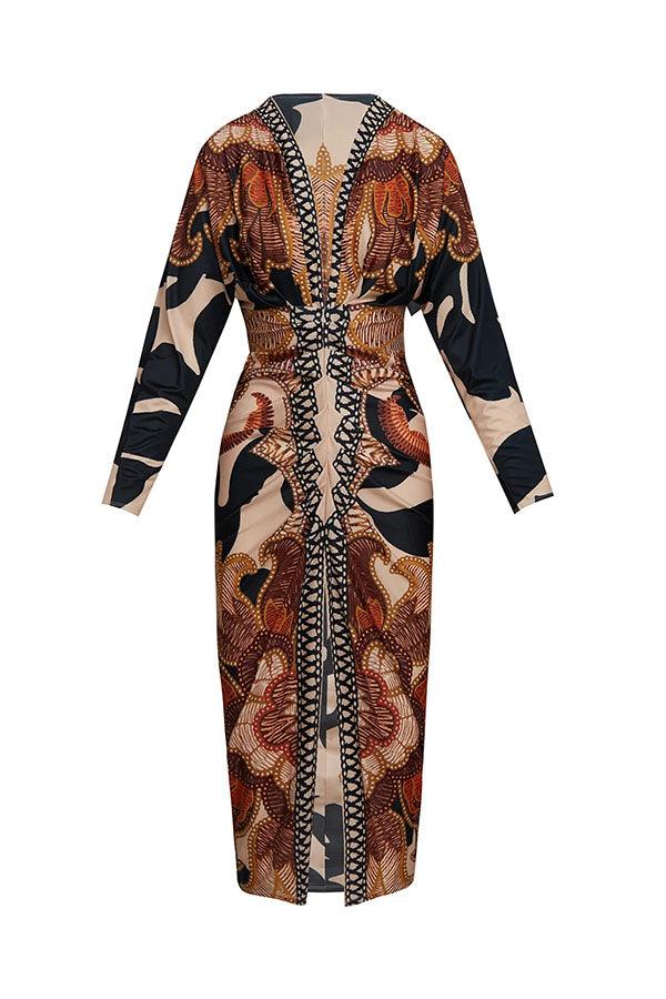 Unique Print Dolman Long Sleeve Ruched Slit Midi Dress - OWNCI Unique Print Dolman Long Sleeve Ruched Slit Midi Dress - OWNCI