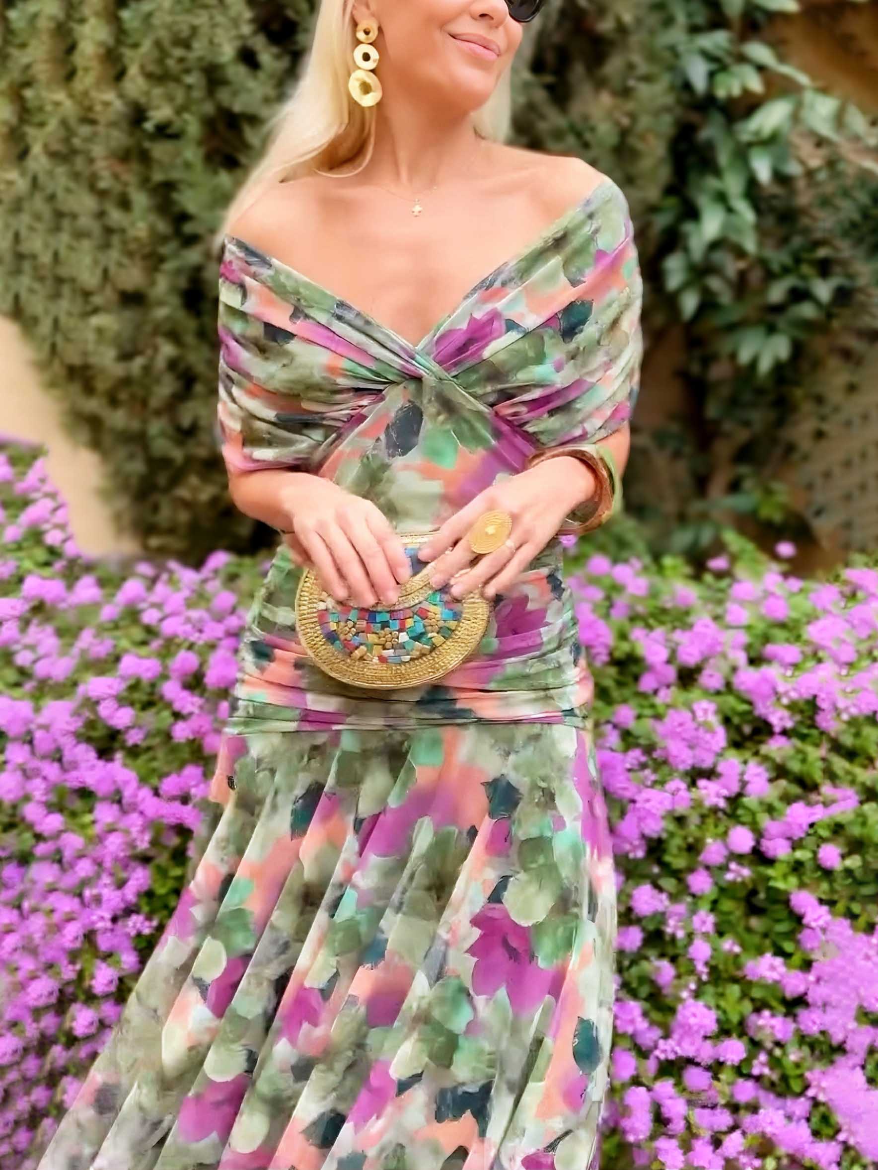 Elegant V-neck Fantasy Painted Floral Print Party Maxi Dress - OWNCI