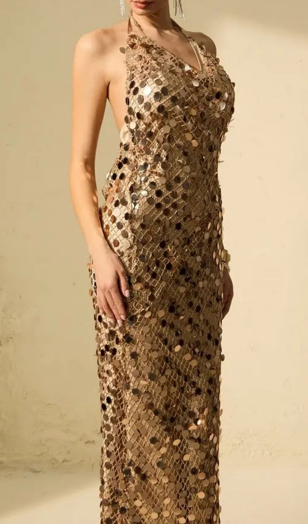 e37f6d2a664a889872ba1a2eb7693ad7 Jennifer Gold Sequin Fishnet Backless Maxi Dress