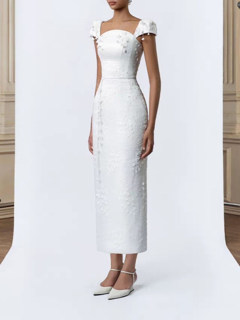 Madaline White Floral Embroidery Midi Dress - OWNCI