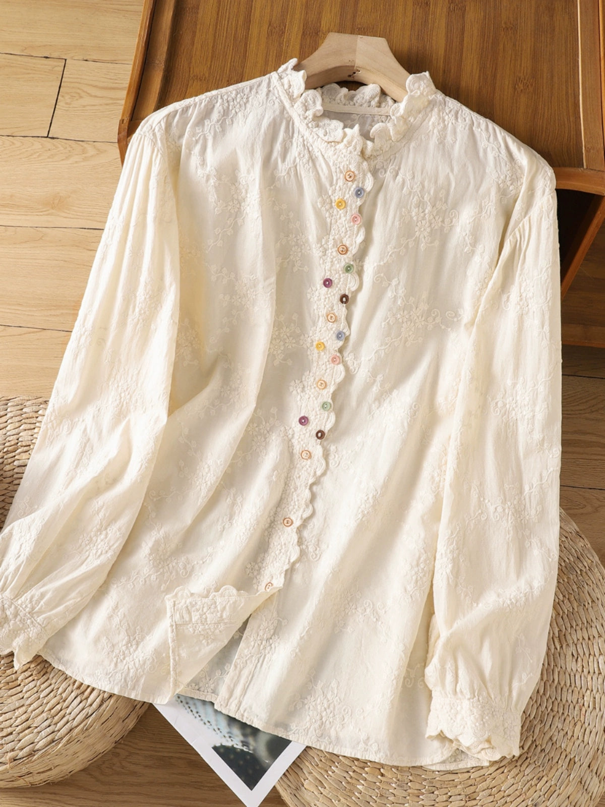 e3da90f2f47d3e70fc8b15db2886451d Xaviera Classic Ruffle Collar Hollowed Embroidered Top