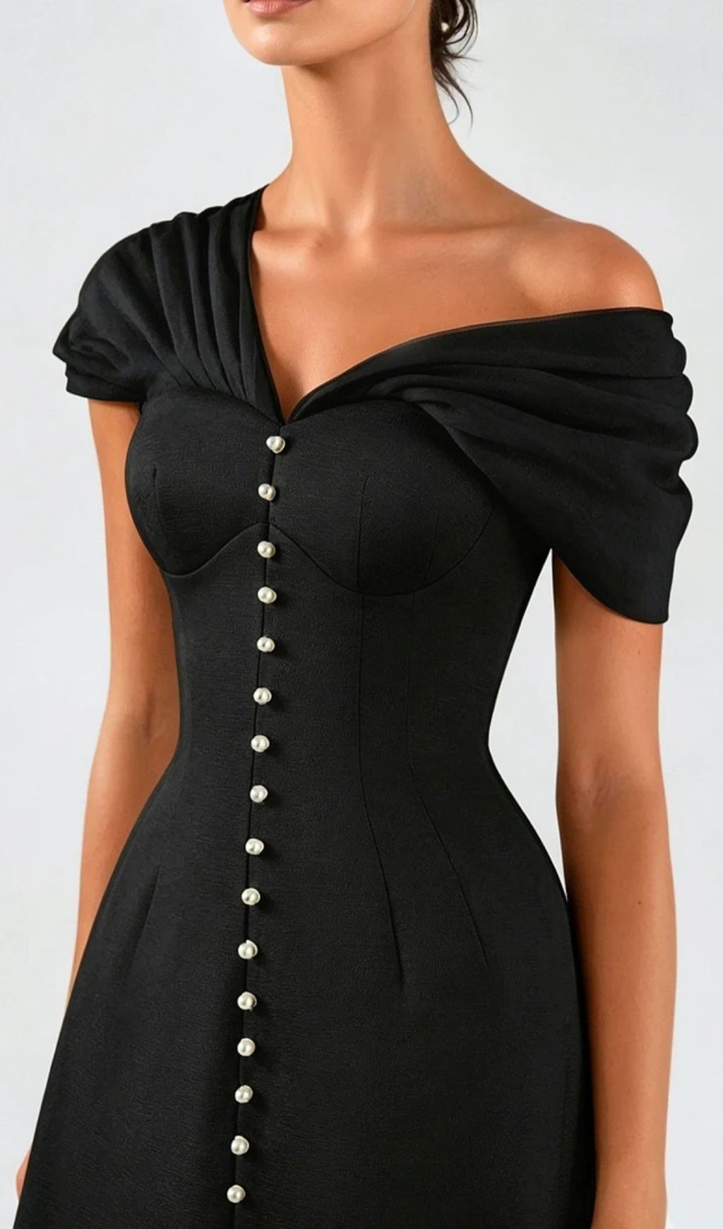 Luzasa Off Shoulder Buttoned Mini Dress - Black