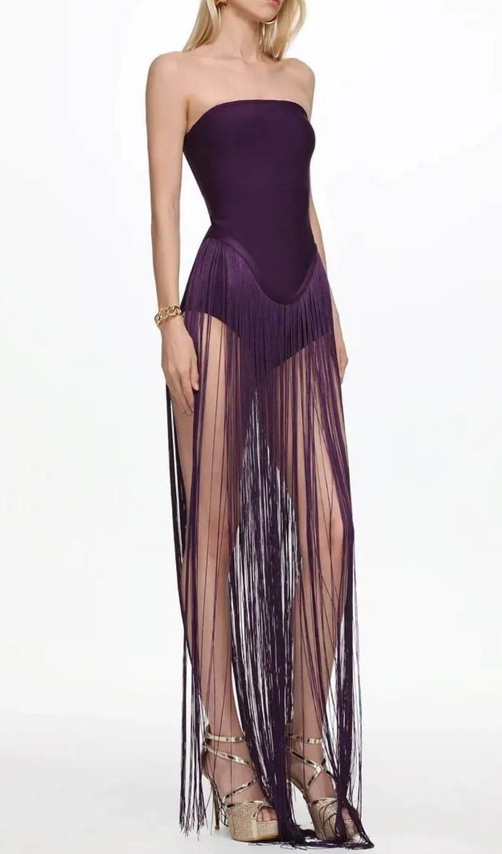 Helen Bodysuit Fringe Strapless Mini Dress In Purple