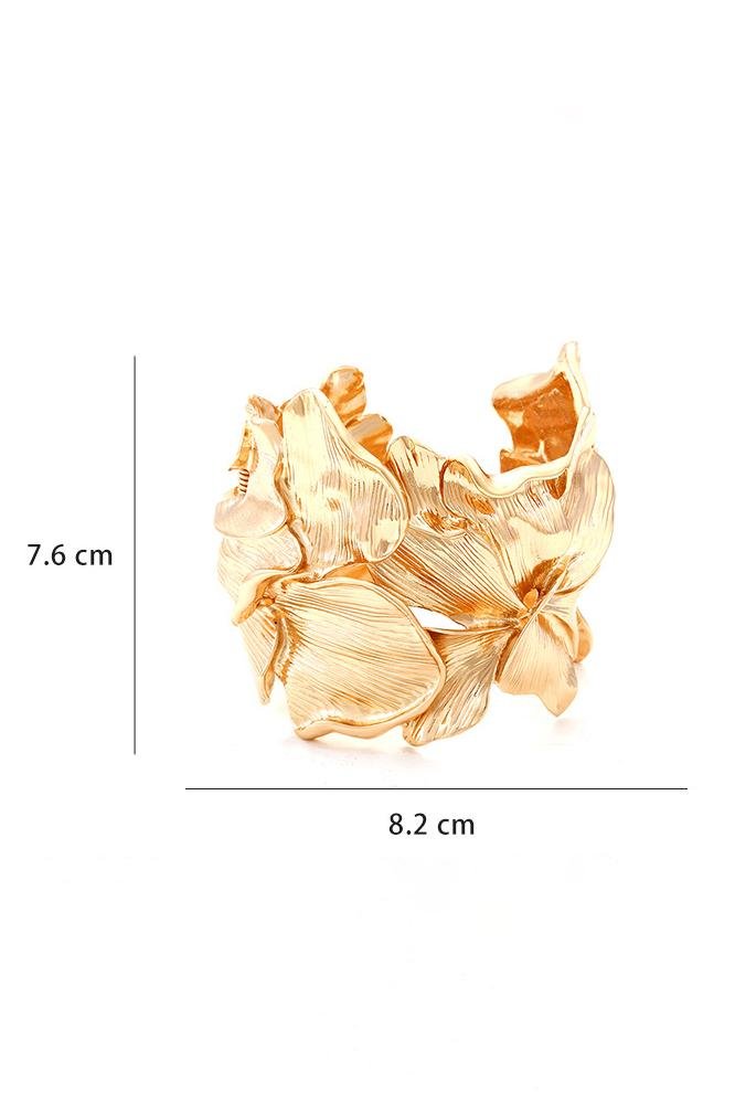 3D Textured Floral Wide Open Cuff Gold Bangle