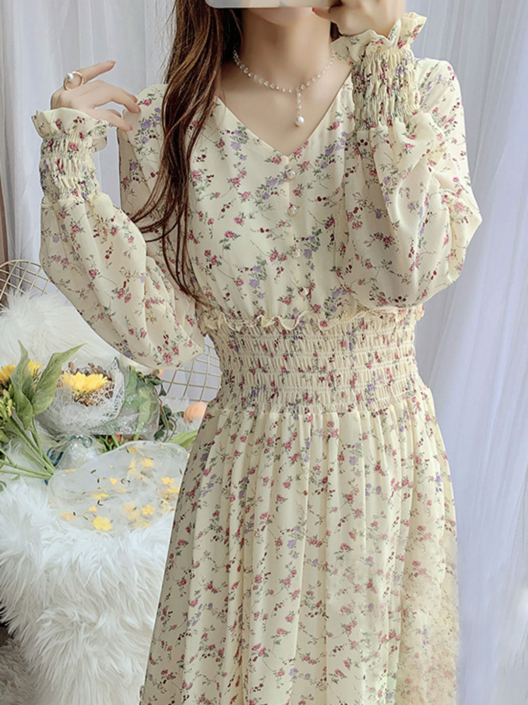 Janet Classic Floral Ruffle Chiffon Dress-Yellow