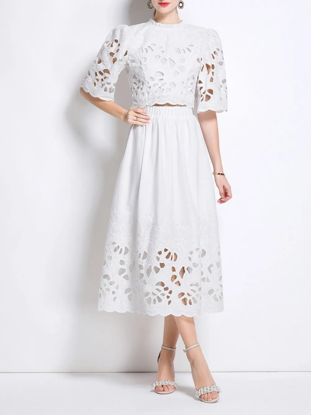 Mahira White Flower Embroidery Two-Piece Set - OWNCI Mahira White Flower Embroidery Two-Piece Set - OWNCI