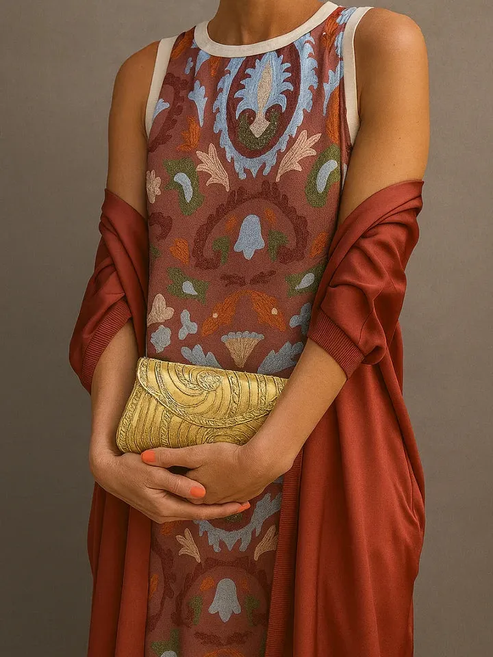 Elegant printed two-piece dress with cape
