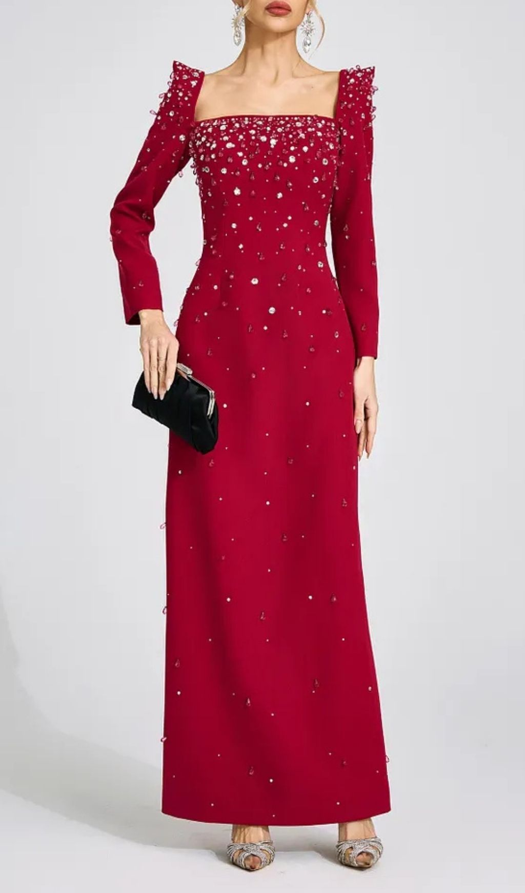 Lynn Square Neck Beaded Rhinestone Maxi Dress - Burgundy