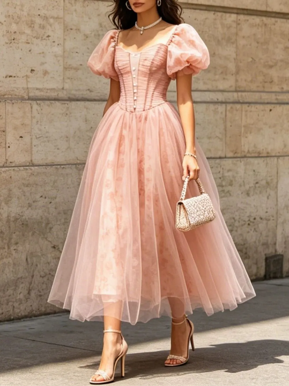 Mahlah Puff Sleeve Mesh Midi Dress - OWNCI