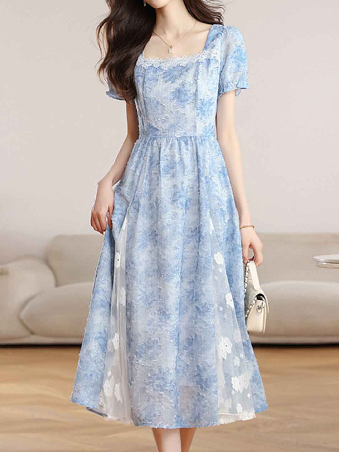 Penny Elegant Square Neck Jacquard Waisted Dress - OWNCI Penny Elegant Square Neck Jacquard Waisted Dress - OWNCI